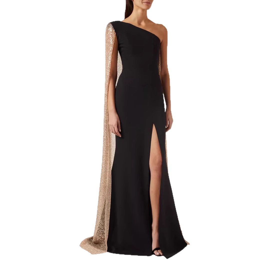 VESTIDO DE GALA NEGRO ASIMETRICO CON CAPA Y ABERTURA. - Imagen 5