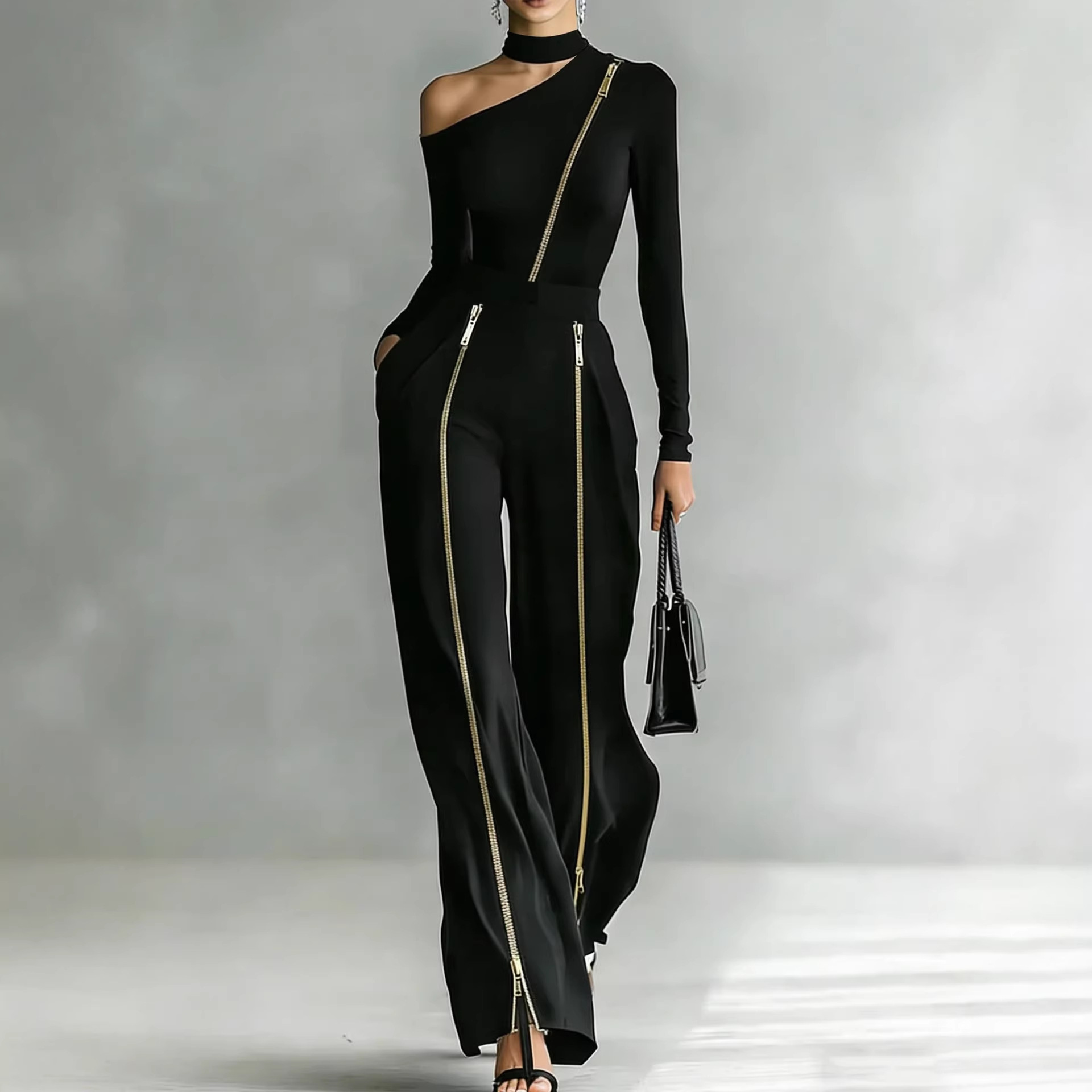 Conjunto de Punto con Cremallera Bidireccional y Pantalón Ancho para Mujer - Imagen 5