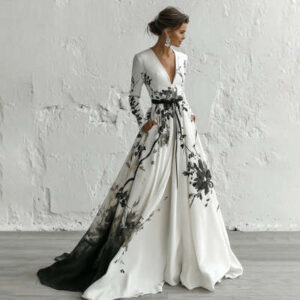 Womens Retro Bohemian Rose-Embroidered Loose Linen Dress