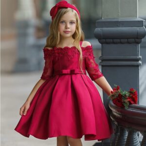 Conjunto Elegante de Abrigo de Paño y Falda Plisada para Niña (Rojo Vino)