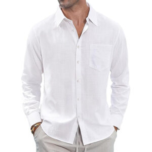 Camisa Casual de Lino de Manga Larga con Bolsillos para Hombre (Blanca)