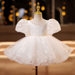 Vestido de Gala Blanco con Tul y Mangas Abullonadas para Niña