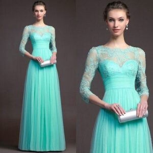 Vestido Largo de Gala con Encaje y Manga Larga para Mujer