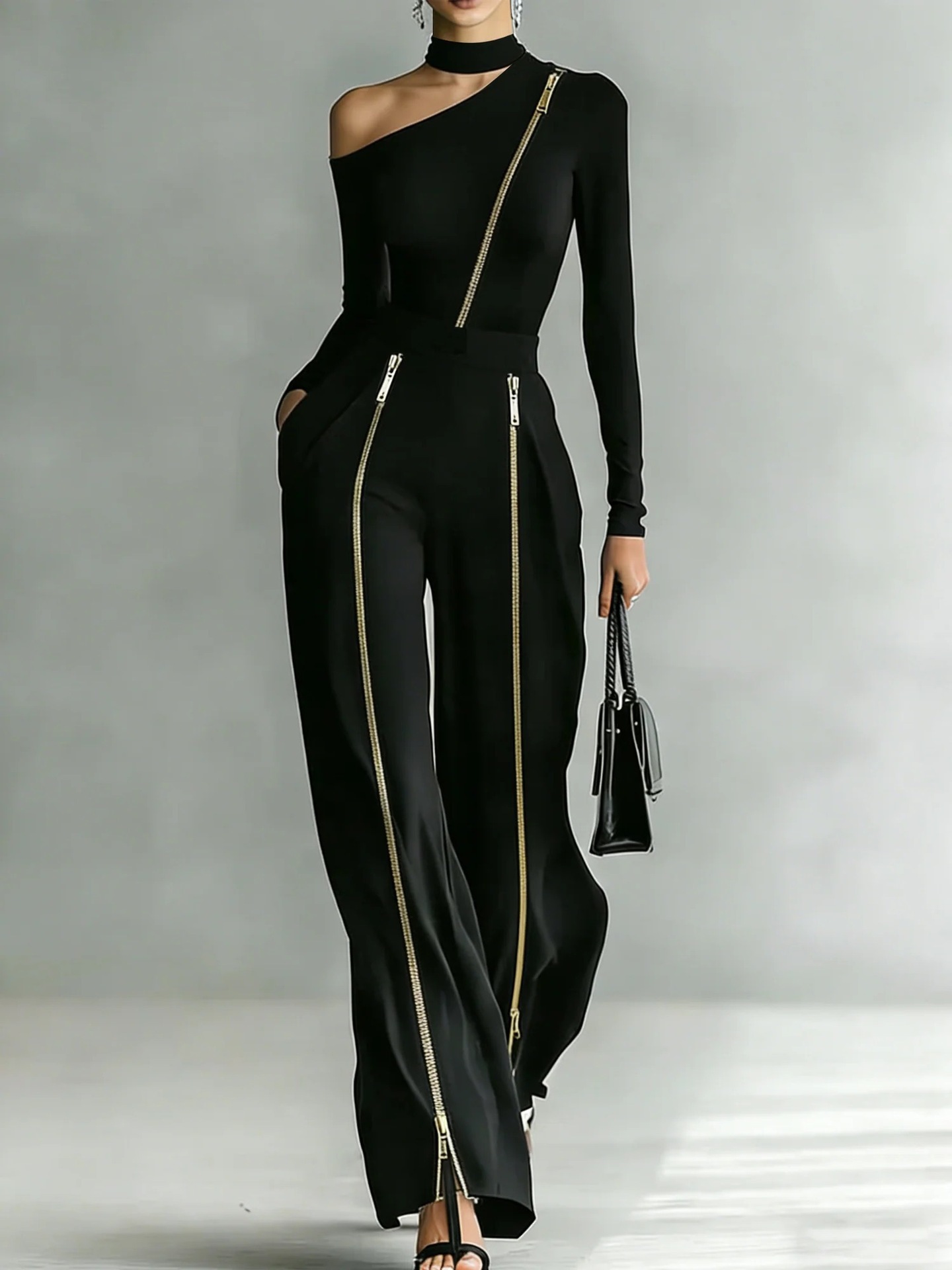 Conjunto de Punto con Cremallera Bidireccional y Pantalón Ancho para Mujer - Imagen 6