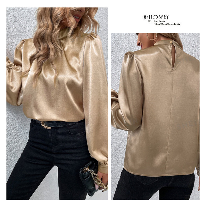 Stand-up Collar Puff Sleeve T-shirt Female Satin - Imagen 4