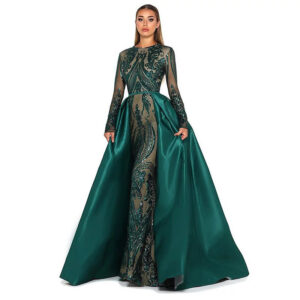Vestido Largo de Gala de Alta Gama con Mangas Translúcidas para Mujer