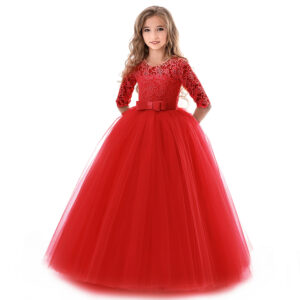 Vestido de Gala Infantil de Encaje y Manga Larga para Niña