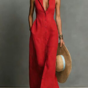 Vestido Camisero sin Mangas de Estilo Europeo para Mujer (Rojo)