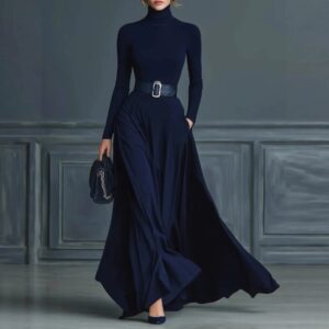 Vestido Largo de Gala con Cuello Alto y Manga Larga para Mujer