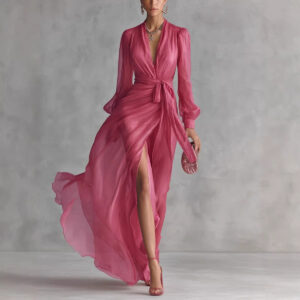 Vestido Largo de Gala Estilo Corte con Mangas Abullonadas y Cordón