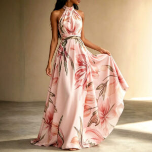 Vestido Largo Maxi con Cuello Halter y Estampado Floral