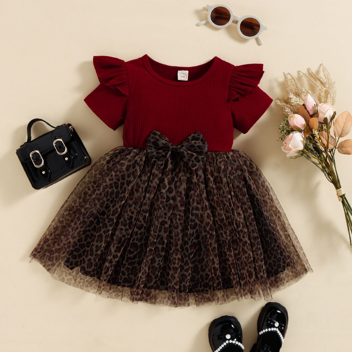 Vestido Combinado con Lazo y Falda de Leopardo para Niña