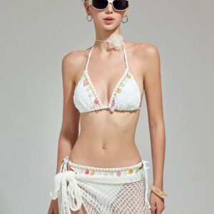 Traje de Baño Bikini de Tres Piezas con Falda de Red para Mujer