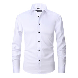 Camisa de Vestir Elástica Antiarrugas de Manga Larga para Hombre (Blanca)