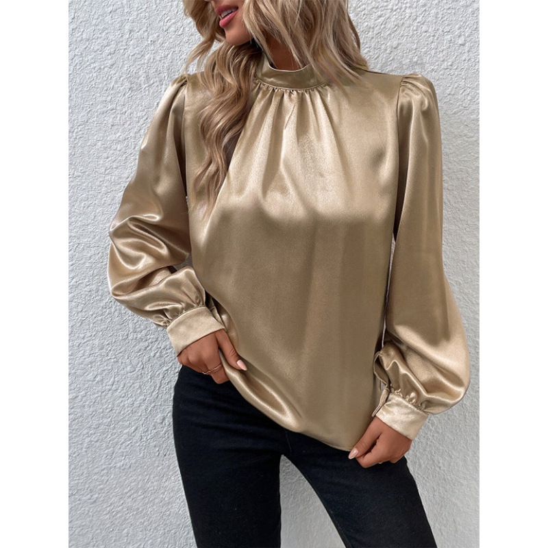 Stand-up Collar Puff Sleeve T-shirt Female Satin - Imagen 2