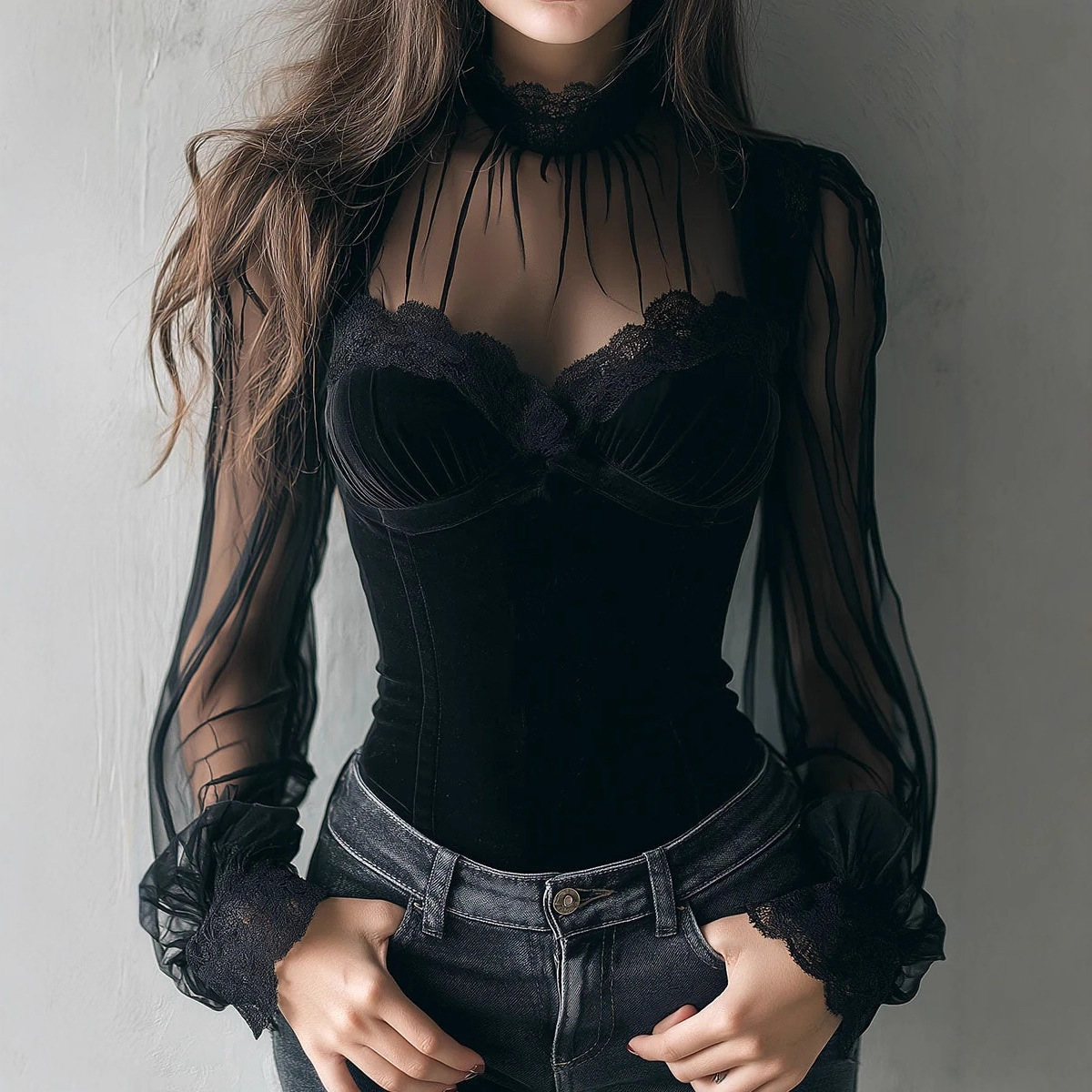 Mesh-panel Black Lace Top With Hollow-out Floral Trim - Imagen 4