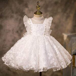 Vestido de Gala Tipo Princesa con Encaje Floral y Tul para Niña (Blanco)