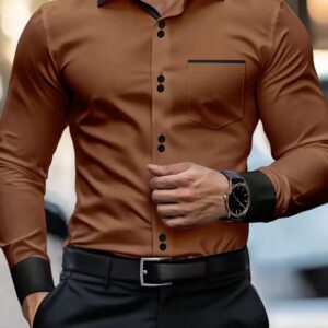 Camisa Casual de Manga Larga con Bolsillo para Hombre (Marrón)