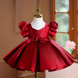Vestido de Gala Satinado de Lujo con Mangas Abullonadas para Niña (Rojo)