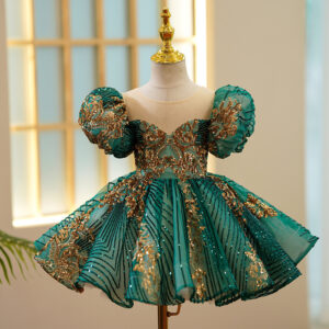 Vestido de Gala de Alta Costura con Brocado de Oro para Niña Verde