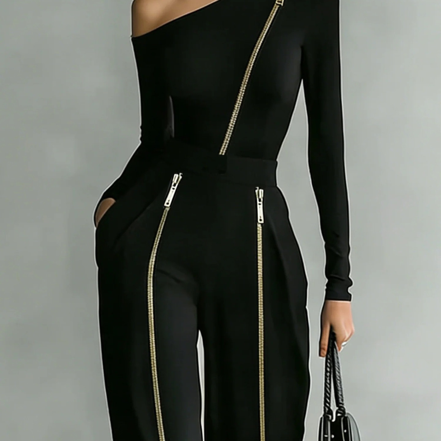 Conjunto de Punto con Cremallera Bidireccional y Pantalón Ancho para Mujer - Imagen 4