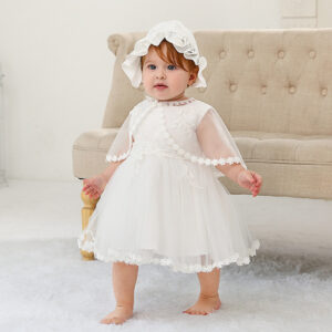 Vestido de Fiesta y Bautizo de Encaje con Tul para Bebé (Blanco Marfil)