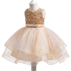 Vestido de Gala con Lentejuelas Doradas y Tul para Niña (Champán)