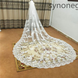 Velo de Novia Catedral con Encaje de Ondas y Flores Premium
