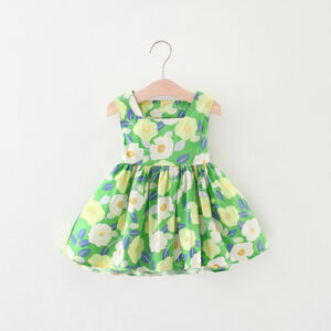 Vestido de Verano sin Mangas con Estampado de Flores para Niña (Verde)