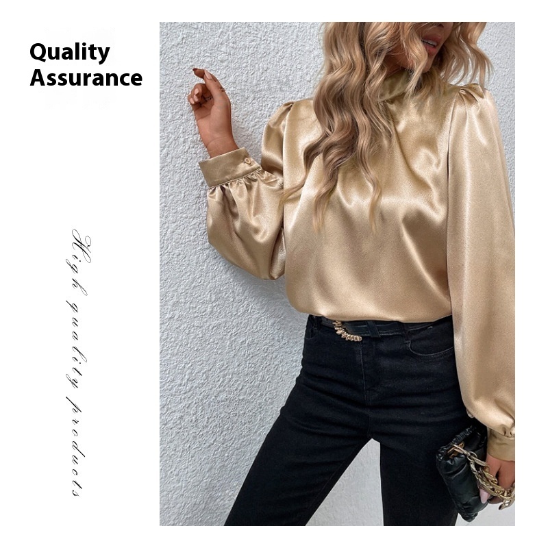 Stand-up Collar Puff Sleeve T-shirt Female Satin - Imagen 5