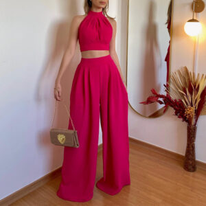 Conjunto Elegante de Dos Piezas con Top Halter y Pantalón Ancho