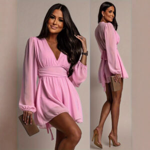 Vestido Corto de Cintura Alta con Mangas Abullonadas para Mujer