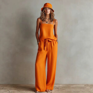 Conjunto de Crop Top de Tirantes y Pantalón Ancho para Mujer