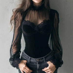 Mesh-panel Black Lace Top With Hollow-out Floral Trim