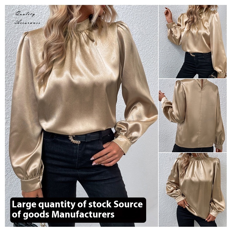 Stand-up Collar Puff Sleeve T-shirt Female Satin - Imagen 3
