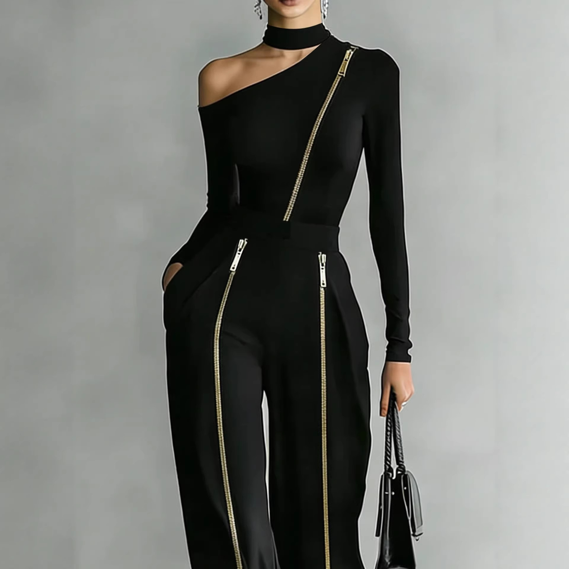 Conjunto de Punto con Cremallera Bidireccional y Pantalón Ancho para Mujer - Imagen 2