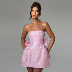 Vestido Corto de Tubo en Jacquard con Lazo Frontal para Mujer