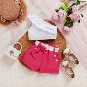 Conjunto de Blusa con Lazo y Pantalón Corto Fucsia para Niña